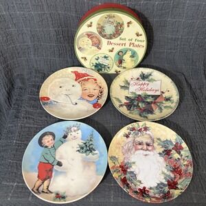 Set of 4 CIB Christmas Greetings Dessert‎ Plates Retro Designs in the Box